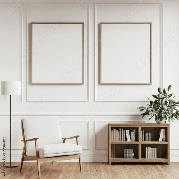 Fototapeta Minimalist living room with two blank frames, armchair, and bookshelf.