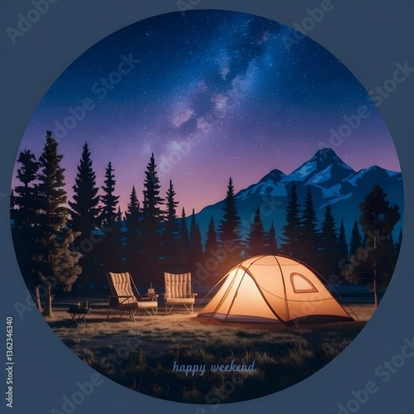 Fototapeta Digital matte painting with a night camping in a circle. With the inscription "Happy weekend".