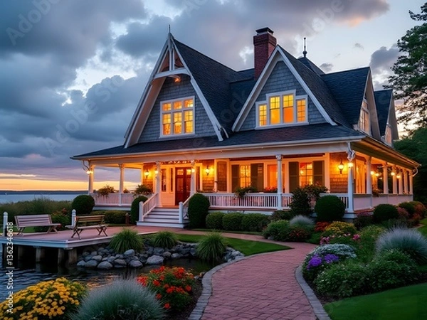 Obraz Charming coastal house with wraparound porch, steep pitched roof, large windows, wooden dock, string lights, colorful flower beds, lush greenery, golden hour lighting, waterfront property