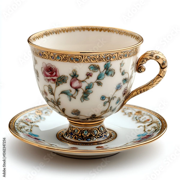 Fototapeta An exquisite porcelain teacup and saucer set adorned with intricate floral patterns and luxurious gold detailing. Isolated, on a white background.