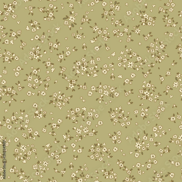Fototapeta Vector illustration. Ditsy Floral seamless pattern of delicate tiny beige flowers on a green background, blooming flowers. Liberty pattern textiles, packaging, fabric, sublimation printing
