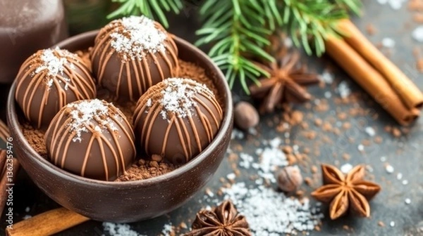 Fototapeta Gourmet chocolate truffles garnished with spices arranged in a rustic bowl for a festive holiday presentation