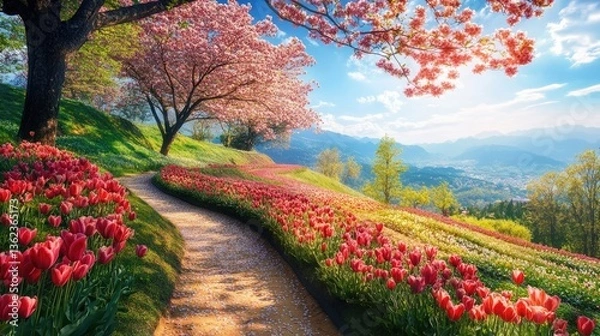 Fototapeta Curved path through banks of azaleas and under dogwood trees with tulips under a blue sky