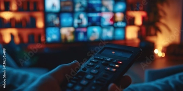 Fototapeta A person holding a remote control in front of a television, ideal for media and entertainment concepts