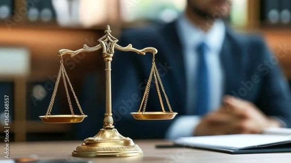 Fototapeta Justice scales positioned prominently in a law office setting with a lawyer in the background preparing for a consultation