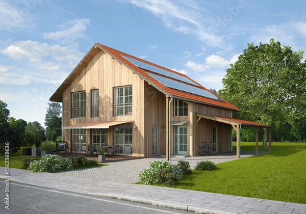 Obraz Holzhaus mit rotem Dach und Solaranlage