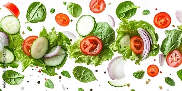 Fototapeta A Colorful Arrangement of Fresh Salad Ingredients Floating In Space
