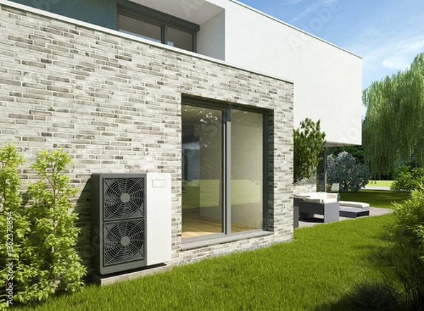 Obraz Moderne kubische Villa mit Luftwärmepumpe