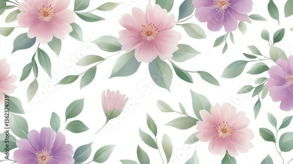 Fototapeta Delicate Floral Pattern with Soft Pink and Purple Flowers on White Background for Elegant Home Decor and Stylish Design Projects