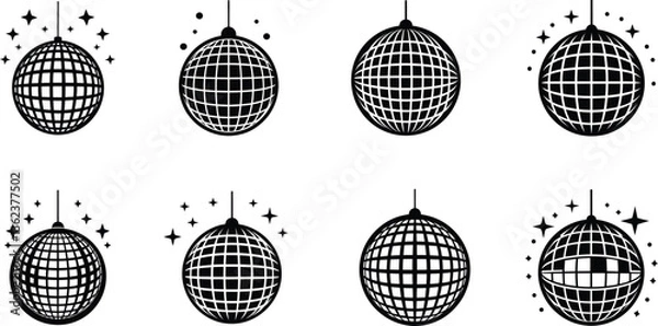 Obraz A set of eight disco ball vector silhouette designs. Simple collection. Isolated bundle on white background.