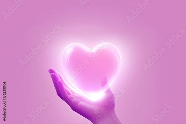 Fototapeta A child’s hand holds a glowing heart against a pink background, symbolizing innocence and warmth while also reflecting the realities of the world.