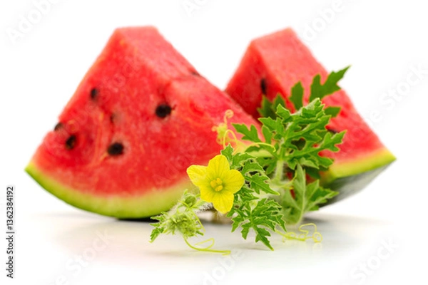 Obraz Fresh watermelon fruit with leaves.