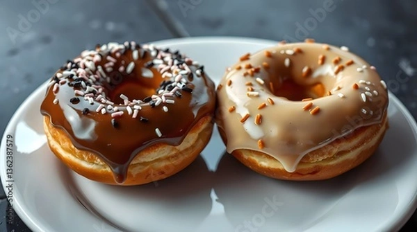 Obraz Two Fresh Donuts with Chocolate and Caramel Icing on Plate