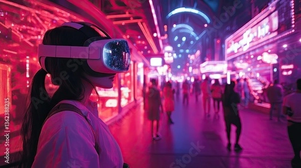 Fototapeta A futuristic carnival with AI-driven games, holographic prizes, and attendees wearing augmented reality masks. --
