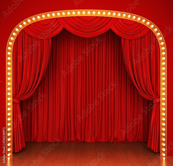 Obraz Stage with red curtain and lights. 3D rendering