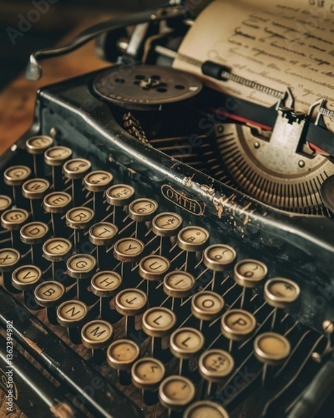 Fototapeta A close-up of an old-fashioned typewriter with a partially typed letter, warm lighting, nostalgic vibe --ar 4:5 --v 6 Job ID: d018caf3-68e3-42ea-a2b9-1d5f633dcb00
