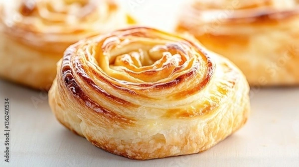 Fototapeta Close-up of golden-brown, flaky pastries, resembling small, round roses, with a slightly glossy surface.  A delicate, light-yellow hue