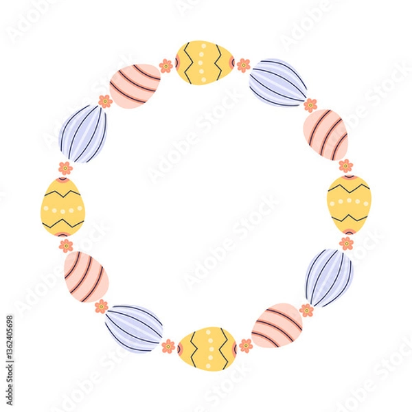 Fototapeta Happy Easter Round frame with painted eggs. Happy Easter hand drawn card on white background. Empty space for inscription in the center. Flat illustration with partial outline. Isolated vector