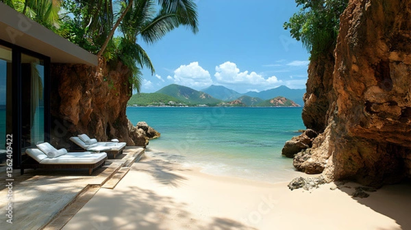 Fototapeta A tranquil cove with lounge chairs beckons near crystal-clear waters framed by lush vegetation and mountains under a se