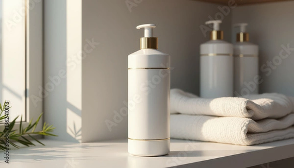 Fototapeta Detergent bottle mockup with towels and plant on shelf