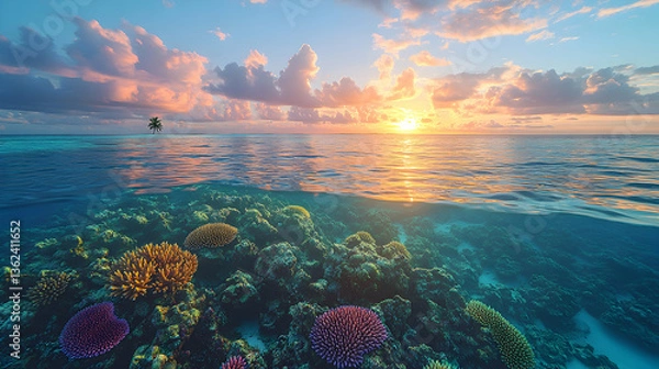 Fototapeta A vibrant coral reef is shown beneath a calm blue ocean surface reflecting a colorful sunset under a cloudy tranquil