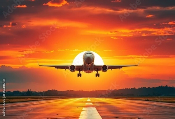 Fototapeta Low angle shot of airplane descending towards runway at sunset, fiery sky backdrop, sky, runway