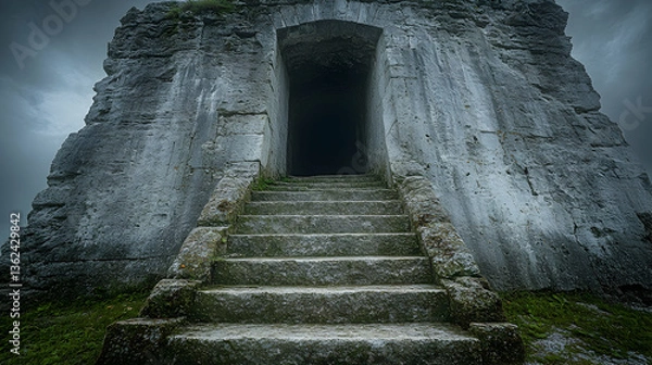 Fototapeta Ancient stone stairs lead into a dark tunnel embedded in a weathered stone structure under an overcast sky