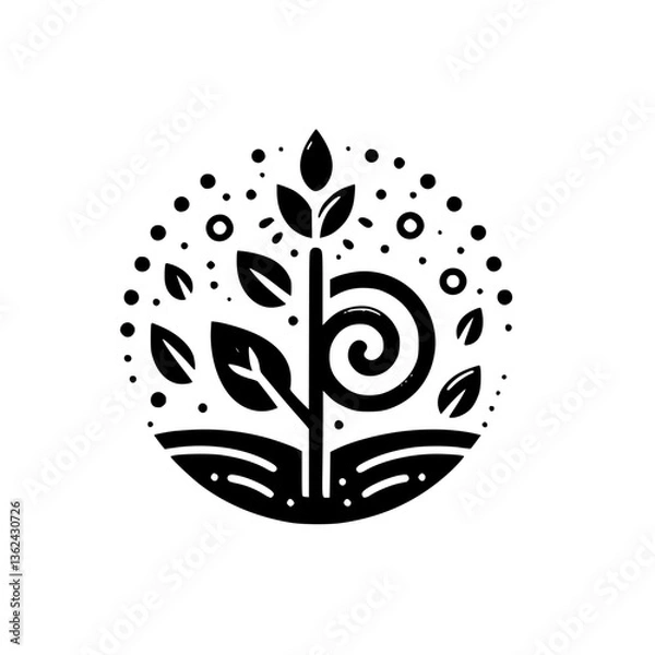 Fototapeta Stylized Black and White Illustration:  A minimalist design of a plant sprouting, encased in a circular frame of dots and organic shapes.