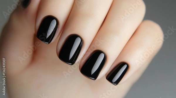 Fototapeta Close-up of a person's hand with their fingers slightly spread apart. the nails are painted with a glossy black polish and have a glossy finish.