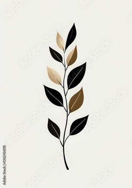 Fototapeta Minimalist botanical branch with alternating black and brown leaves on cream background, isolated design element for modern wall art and stationery projects.