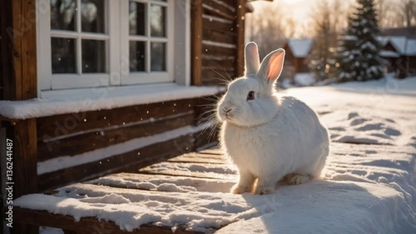 Fototapeta A white rabbit sitting on a snowy surface near a wooden cabin at sunset.