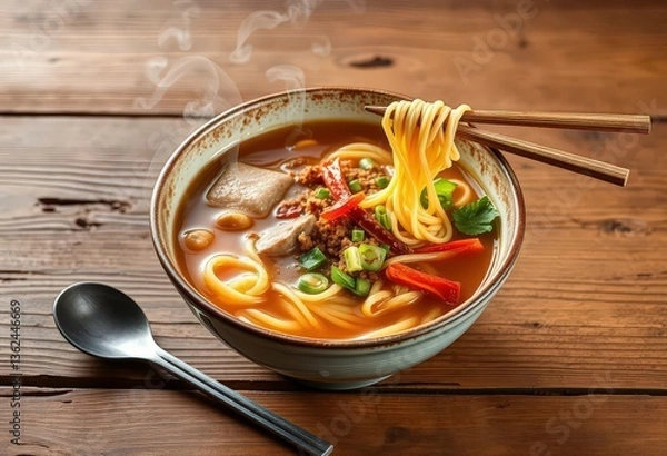 Fototapeta Steaming noodle bowl, chopsticks, rustic wooden table, japanese, soup