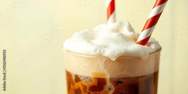Fototapeta Straw submerged in thick, creamy root beer float, bubbles clinging to it, ice cream, beverage