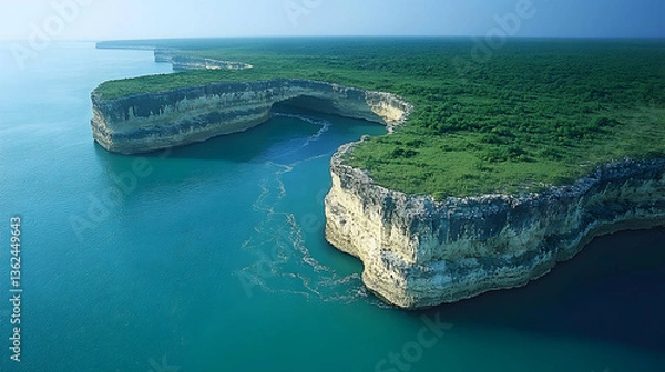 Fototapeta Coastal cliffs meet turquoise waters topped with dense greenery forming a rugged scenic island landscape under a clea