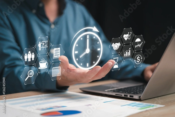 Fototapeta Time Management and Business Strategy concept, Businessman planning working time to reduce costs, Prioritization, Relax time, Health care, finance, leisure, Time Management for Success, Time balance