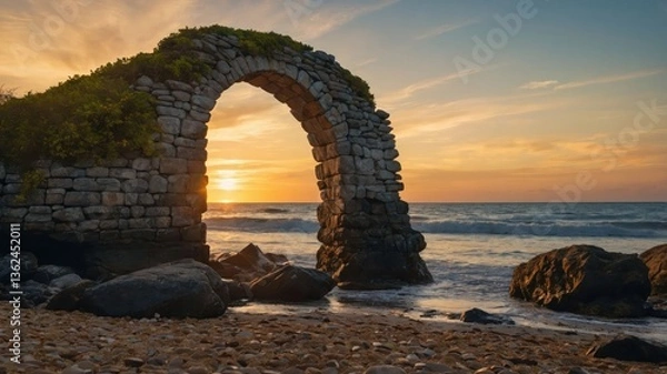 Fototapeta A stone archway frames a sunset over the ocean, creating a serene coastal landscape.
