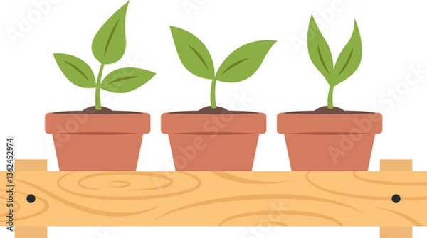 Obraz Wooden crate with green plants in pots inside. Farmer's market, spring sprouts or gardening theme. Vector isolated illustration.