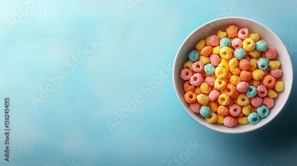 Fototapeta Colorful cereal bowl on a white surface with negative space