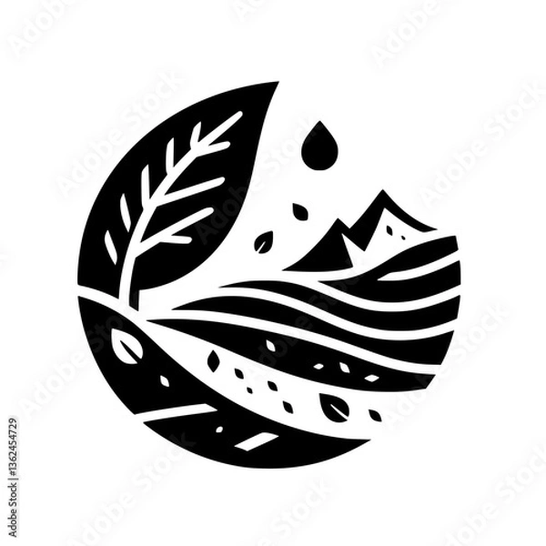 Fototapeta A minimalist black and white circular graphic depicting a stylized landscape with a tree, mountains, water, and falling leaves, symbolizing nature and tranquility.