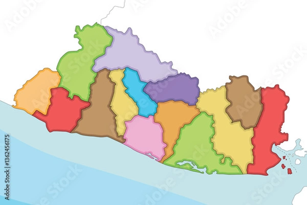 Fototapeta Vector illustrated regional blank map of El Salvador with departments and administrative divisions, and neighbouring countries and territories. Editable and clearly labeled layers.