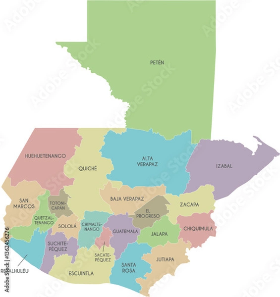 Fototapeta Vector regional map of Guatemala with departments or territories and administrative divisions. Editable and clearly labeled layers.