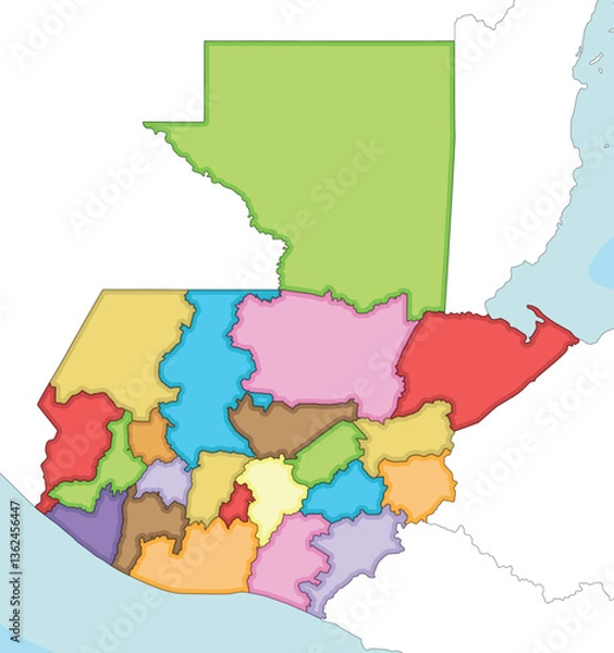 Fototapeta Vector illustrated regional blank map of Guatemala with departments and administrative divisions, and neighbouring countries and territories. Editable and clearly labeled layers.