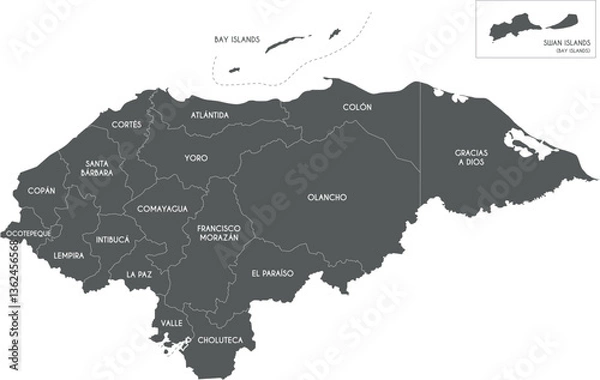 Fototapeta Vector regional map of Honduras with departments or territories and administrative divisions. Editable and clearly labeled layers.