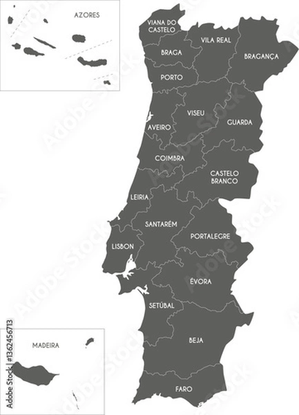Fototapeta Vector regional map of Portugal with districts, autonomous regions or territories and administrative divisions. Editable and clearly labeled layers.