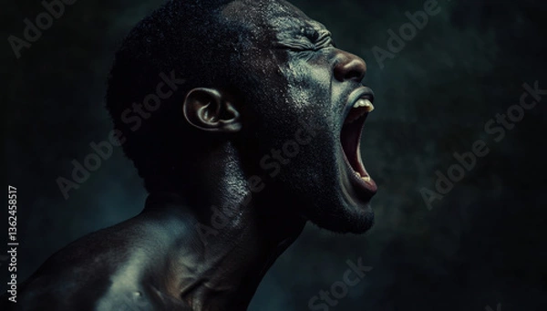 Fototapeta A black man is loudly expressing his feelings with a wide-open mouth in a dimly lit space, portraying raw emotion and energy