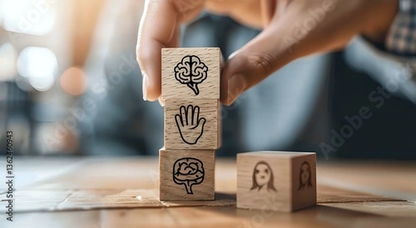 Obraz Wooden blocks with psychology and mental health symbols arranged by hand showing brain, palm, and human icons. Concept for psychological therapy and counseling.