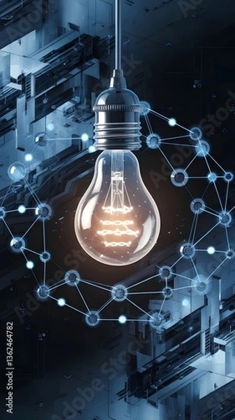 Fototapeta Light Bulb Surrounded by a Blue Network of Dots and Lines