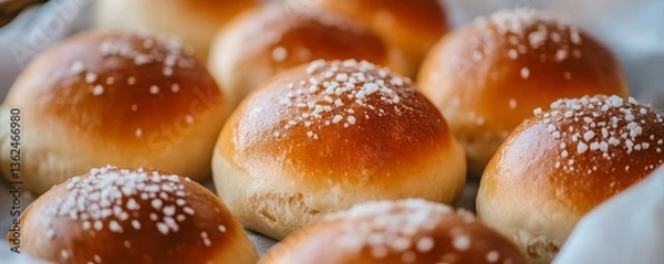 Fototapeta Golden baked brioche buns with sugar crystals in close-up view