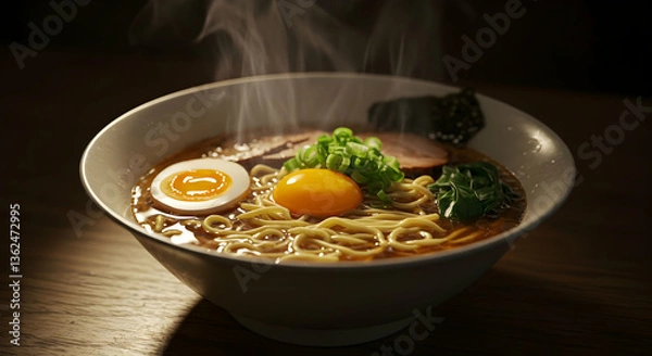 Obraz Steaming Bowl Of Delicious Ramen With Egg Pork And Vegetables