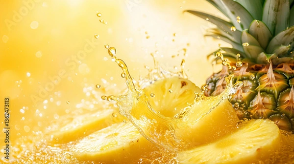 Fototapeta 新鮮なパイナップル果汁が弾ける瞬間の躍動感 | 太陽光のような黄色